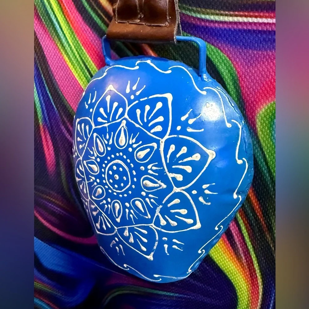 Hand Painted Blue Metal Bell Leather Handle Folk Art Rustic Cottagecore Decor